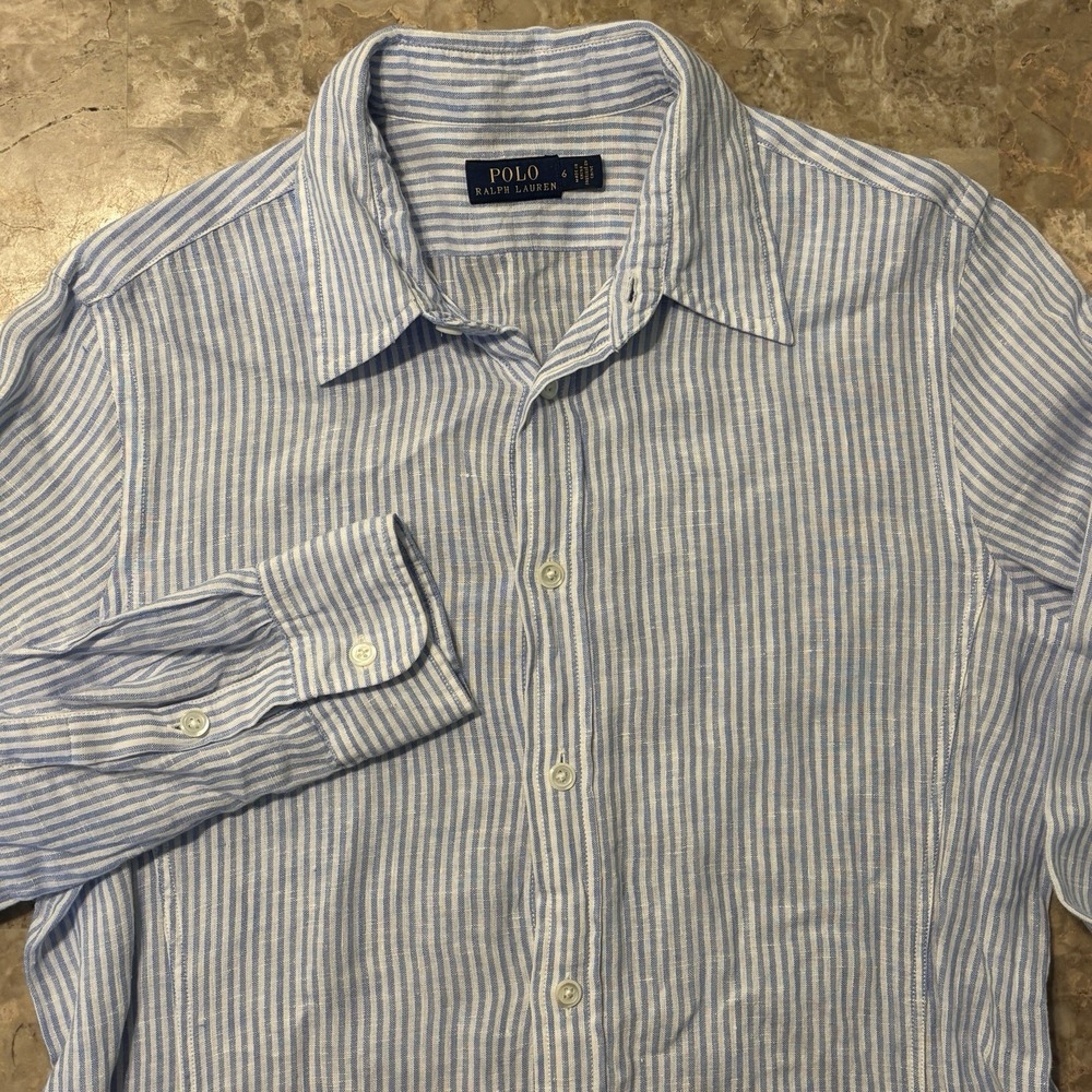 Polo Ralph Lauren Dress Womens 6 Blue Linen Shirtdress Striped 50" Beach Flare